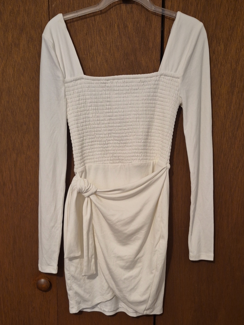 NWT Lovers & Friends White Smocked Square-Neck Long Sleeve Tie-Waist Dress SZ S